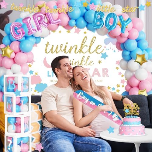 Hombae Twinkle Twinkle Little Star Gender Reveal Decorations, Star Boy or Girl Gender Reveal Decorations Balloon Garland Banner Tablecloth Box Cutout Backdrop Cake Cupcake Topper Poster Sash 172 PCs - Image 6