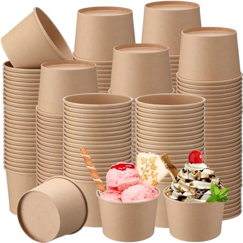 Honeydak 200 Pcs 8 oz Ice Cream Cups Kraft Paper Disposable Dessert Bowls for Hot or Cold Food Dark Brown Paper Snack Containers for Sundae, Frozen Yogurt, Soup Baby Shower Party Supplies by Honeydak