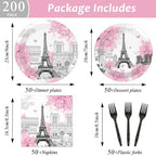 Naozinebi 200pcs Paris Eiffel Tower Plates Napkins Parisian Party Paris European City Tableware Set Landscape Pink Dinnerware Paper Tableware Bundle Baby Shower Decor Supplies Serve 50 - Image 2