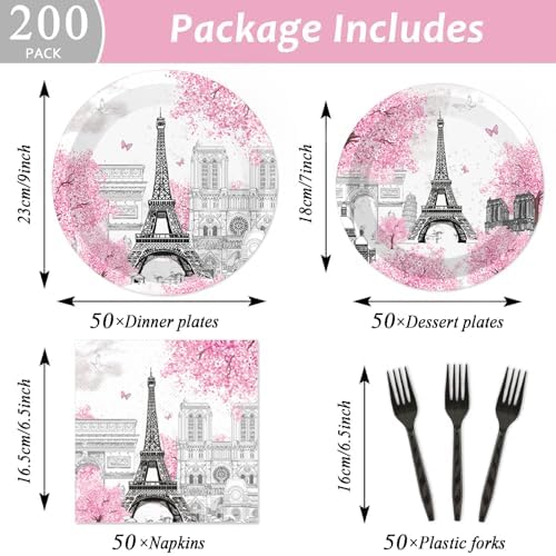 Naozinebi 200pcs Paris Eiffel Tower Plates Napkins Parisian Party Paris European City Tableware Set Landscape Pink Dinnerware Paper Tableware Bundle Baby Shower Decor Supplies Serve 50 - Image 2