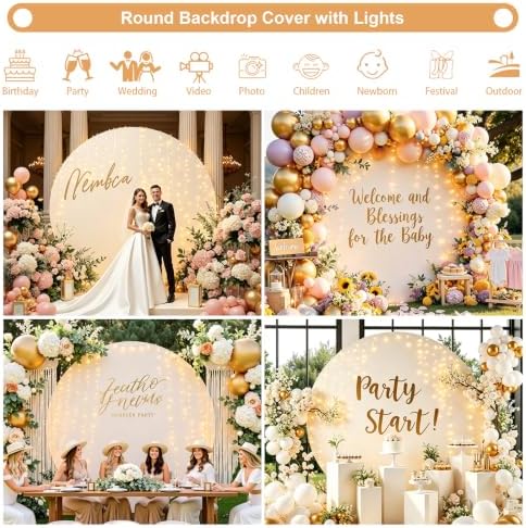 GALLETY 7.2FT Ivory Round Backdrop Cover with String Lights, Adjustable Fit for 5FT–7.2FT Circle Arch Stands, 4 Metal Clips & 24 Clear Clips, Circle Backdrop Cover for Wedding, Birthday & Baby Shower - Image 3