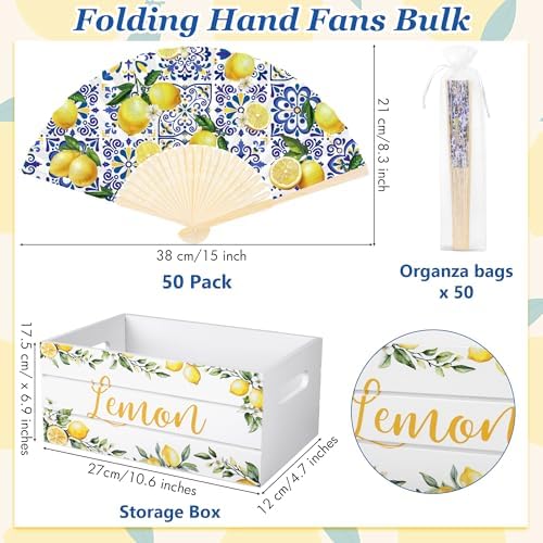 Aodaer 50 Pack Coastal Lemon Printed Folding Hand Fans with Organza Bags Bulk Wooden Storage Box Retro Mediterranean Paper Fans Capri Handheld Fan for Bridal Shower Wedding Bridesmaid Gifts - Image 2