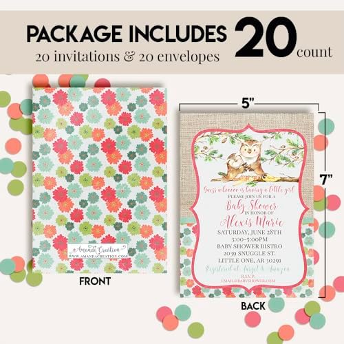 Amanda Creation Pink Watercolor Owl Baby Shower Invitations for Girls, Baby Shower Invitations with Owls, 20 Personalized 5x7 Double-Sided Cards with White Envelopes, Made in USA - Image 4