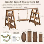 3 Tier Wooden Cupcake Stand with Swing and Flower Decoration, Dark Brown Natural Wood Dessert Swing Display Serving Set with Removable Trays, Rustic Wedding & Party Dessert Stand - Image 3