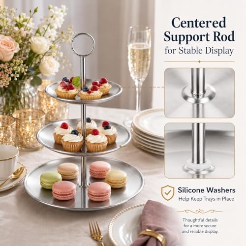 YOUNTHYE 2 Pack Silver Cupcake Stand, 3 Tier Stainless Steel Tiered Serving Tray, Dessert Display Stand for Cupcakes, Cookies, Fruit, Wedding, Birthday, Tea Party and Holiday Table - Image 4