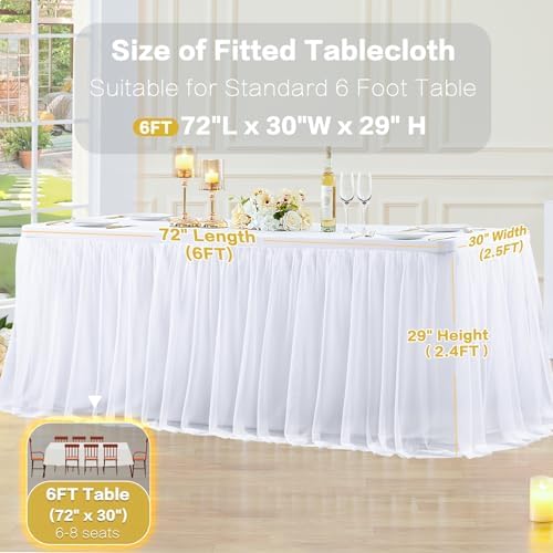 4 Pack White Table Cloth for 6 Foot Rectangle Tables, White Stretch Fitted Tulle Table Covers Skirt, Rectangular Ruffle Tutu Tablecloth Wedding Banquet Baby Shower Cake Tablecloths Decorations - Image 5
