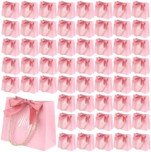 HOZEON 100 Pack Pink Thank You Gift Bags with Handles, 5.5x4.7x2.5 Inches Mini Party Favor Bags for Wedding, Baby Shower, Birthday Celebrations by HOZEON