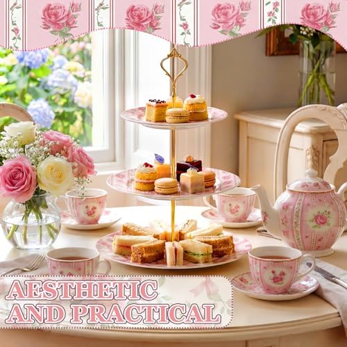 Lallisa 3 Tier Tea Party Cake Stand 10", 9" and 7" Ceramic Shabby Floral Dessert Stand with Metal Rack Coquette Cupcake Tower for Wedding Bridal Shower Baby Shower Decoration - Image 5