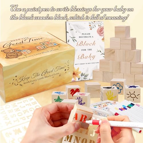 95 PCS Shower Games Sign Kit for Boys Girls, 1 Wooden Game Sign, 52 Blank Wooden Blocks for DIY Drawing, 24 Markers, 18 Stencils, Shower Game for Gender Reveal Activity Decorations - Image 4