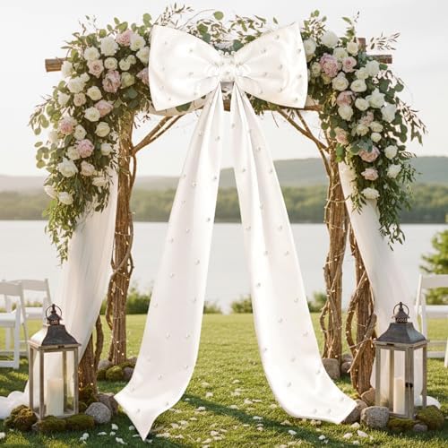 Giant White Bow with Pearl Wedding Wall Decor 40 x 24 Inch Oversized Coquette Large Bow Satin Ribbon Tie for Wedding Room Backdrop Decorations Birthday Party Holiday Supplies Outdoor Decor - Image 2
