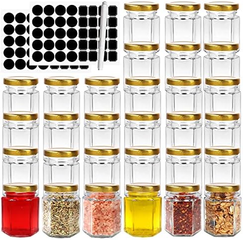 3 oz 30 Pack Mini Honey Jars, Hexagon Glass Jars with Gold Lids by BIGIVACA