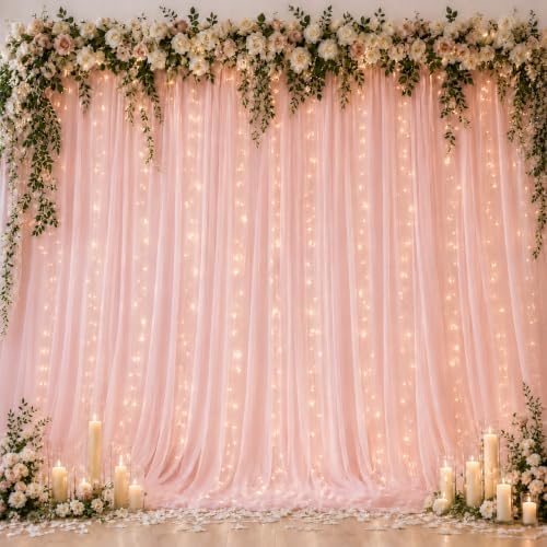 Ledido 10×10ft Pink Tulle Backdrop Curtain with Light(6 Panels 5×10ft) by Ledido