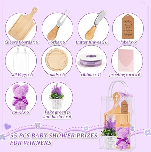 61 Pcs Baby Shower Prizes for Game Winners 6 Sets Bamboo Cheese Board Kit with Spoon Fork Butter Spreaders Plaid Towel Thank You Card for Guests, Housewarming Adult Party Favors (Purple) - Image 3