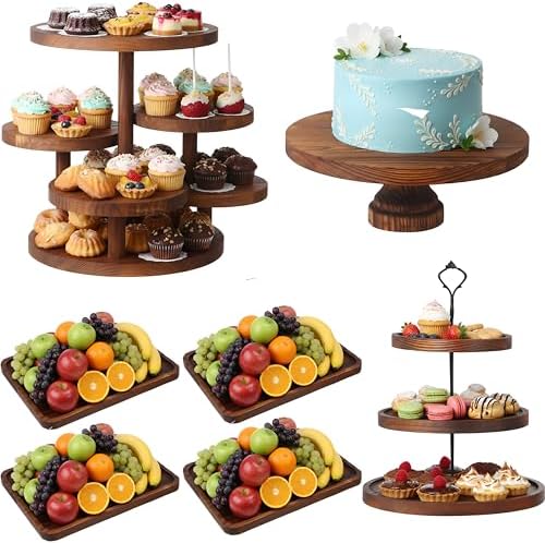 RattanView 7 Pcs Wooden Cupcake Stand Set with Cake Pedestal Trays,Brown by RattanView