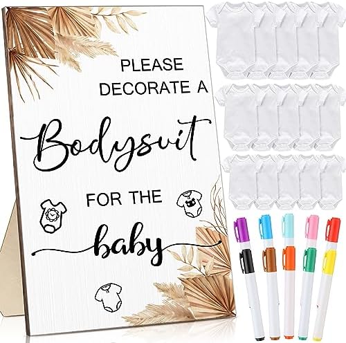 Handepo 26 Pcs Baby Shower Games DIY Bodysuit Set 1 Wooden Sign 15 White Bodysuits 10 Fabric Markers for Birth Decorating Kit(Boho) by Handepo