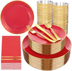 NOCCUR 350PCS Red Plastic Plates - Disposable Red Gold Dinnerware Set for 50 Guests, 100 Dinner/Dessert Plates, 150 Gold Silverware, 50 Cups&50 Napkins for Party/Wedding/Hibachi Party by NOCCUR
