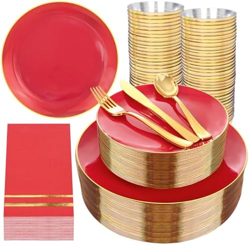 NOCCUR 350PCS Red Plastic Plates - Disposable Red Gold Dinnerware Set for 50 Guests, 100 Dinner/Dessert Plates, 150 Gold Silverware, 50 Cups&50 Napkins for Party/Wedding/Hibachi Party by NOCCUR