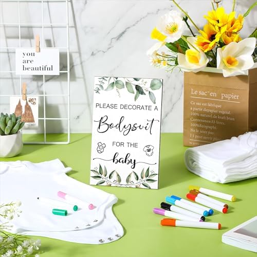 Handepo 26 Pcs Baby Shower Games DIY Bodysuit Set 1 Wooden Sign 15 White Bodysuits 10 Fabric Markers for Birth Decorating Kit(Green Leaves) - Image 4