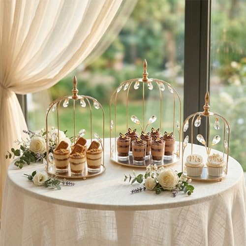 Set of 3 Metal Birdcage Cake Stand Set with Crystal Accents, Elegant Cupcake Holder Display for Wedding, Birthday, Baby Shower, Party Dessert Table Decorations (Gold, Set of 3) - Image 6