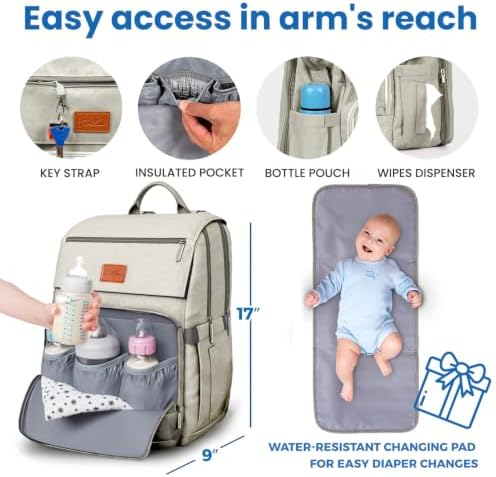 Baby Shower Gifts Diaper Bag Backpack, Baby Diaper Bag, Large Baby Bag for Boys & Girls, Waterproof, 16 Pockets, Insulated Bottle Holders, Durable,Travel-Friendly & Lightweight,Easy Organization,Beige - Image 5