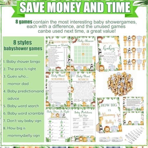 Funnymoom 426 Pcs Jungle Baby Shower Games Set, 8 Safari Animal Party - Image 4