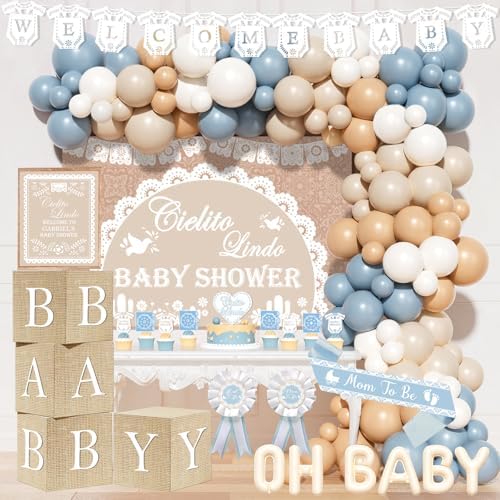 Cielito Lindo Baby Shower Decorations for Boys – 120PCs Cielito Lindo Party Supplies with Mexican Fiesta Boho Style Backdrop, Blue White Balloon Garland, Poster, Box, Sash and Badge by Fiesec