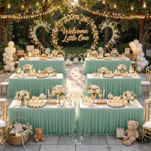 familus Sage Green Table Cloths 8 Foot Rectangle 2 Pack Stretch Ruffle Tulle Tablecloth Spandex Fitted Table Cover for 8 Foot Tulle Table Skirts for Party Wedding Table Cloths, Banquets - Image 5