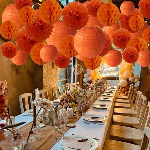 WOLHOWLTD Orange Paper Decoration Set - 34 Pcs Paper Lanterns, Pompoms, Honeycomb for Wedding,Harvest, Halloween,School Day,Bridal Baby Shower,Rainbow Birthday Party Classroom,Home Decoration (orange) - Image 3