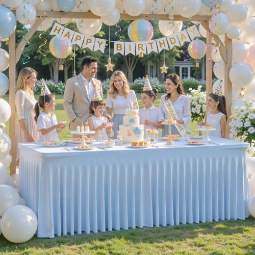 Baby Blue Table Cloth for 8 Foot Rectangle Tables Fitted Stretch Spandex Table Cover with Skirt 8ft Baby Shower Birthday Party Banquet Ruffle Tablecloth Wedding Table Cloths Desk Skirt, 2 Pack - Image 2