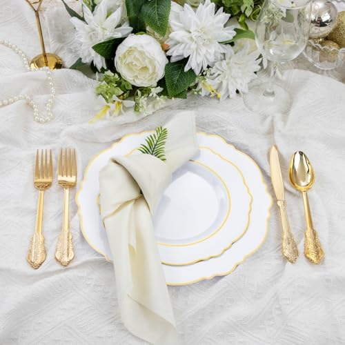 Liacere 350PCS Gold Plastic Plates-Disposable White and Gold Plates 50guest Baroque Plastic Dinnerware include 100Plates, 50Pack Pre Rolled Napkins with Silverware 50Cups for Wedding & Party - Image 3