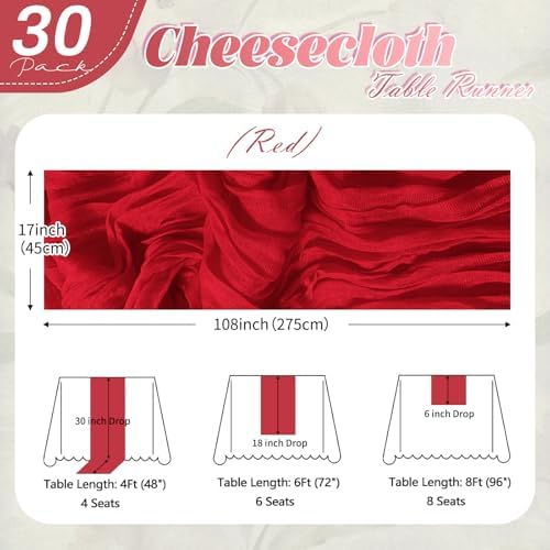 30 Pack Red Cheesecloth Table Runner 17 x 108 inch Cheese Cloth Table Runners 9ft Red Table Runner Rustic Romantic Sheer Gauze Runner for Wedding Party Baby Shower Table Decoration - Image 2