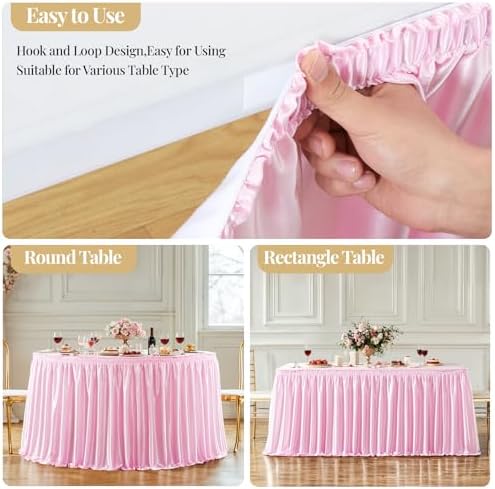 Wish Care 14ft Pink Satin Table Skirt for Rectangle Tables Wrinkle Free Teacher Desk Skirt Glitter Ruffle Table Skirting Cloth for Back to School Classroom Office Dorm Girls Birthday Party Table Decor - Image 5