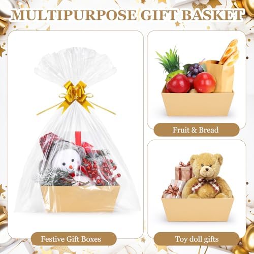 AFOROEOA 6PACK kraft Baskets For Gifts Empty, 10x8 Thick Kraft Paper Basket with 6 Clear Bags and 6 Pull Bows, Empty Gift Baskets for Thanksgiving Christmas Wedding Birthday Rustic Gift Wrapping - Image 7
