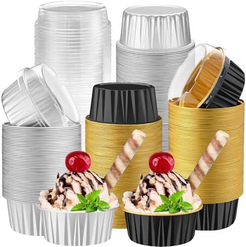 200 Pack Aluminum Cupcake Liners with Lids,Black Silver,Plain by Gandeer
