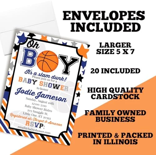 Amanda Creation Custom Baby Shower Invites Baby Boy Basketball Baby Shower Invitations 20 5x7 Custom Personalized Basketball Invites With Envelopes - Image 6