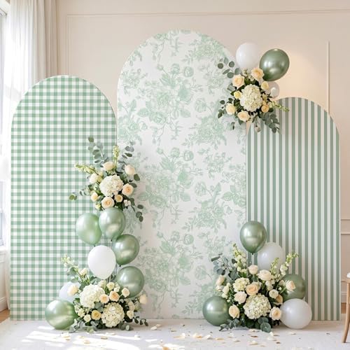 SiliFine Set of 3 Sage Green Arch Cover 4ft 5ft 6ft Chinoiserie Floral Stretchy Backdrop Covers Gingham Striped Backdrop Cover for Wedding Birthday Party Bridal Shower Baby Shower Celebration - Image 4