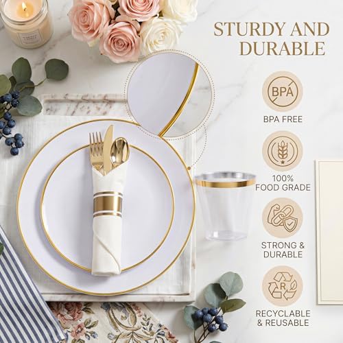 KIRE 175PCS Gold Plates Disposable - Heavy Duty White and Gold Plastic Plates Dinnerware Sets - 25 for Dinner 25 for Dessert 25 Pre Rolled Napkins and 25 Cups for Birthday/Wedding/Party - Image 3