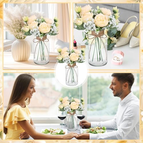 Zeyune 6 Sets Mason Jar Table Centerpiece with Artificial Peony Baby's Breath Flower Centerpieces Faux Flowers with Rope for Wedding Reception Engagement Bridal Shower Rustic Table Decor(Champagne) - Image 5