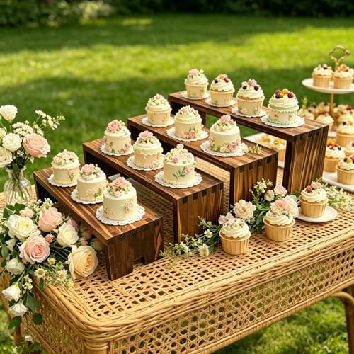 Yikaroeli Large Display Wood Risers Wooden Display Stand Tiered Wood Racks Decorative Rectangular, 4 Set 16 Pieces Cupcake Stands Cake Cologne Perfume Organizer (Large/4Pack Brown) - Image 5