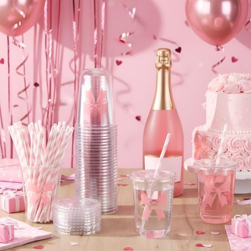 LemonRoad 100sets 16oz Pink Bow Cups Pink Birthday Party Decorations Supplies Cute Plastic Cups Disposable with Lids and Straws for Valentines Galentines Day Christmas Wedding Baby Shower Decorations - Image 2