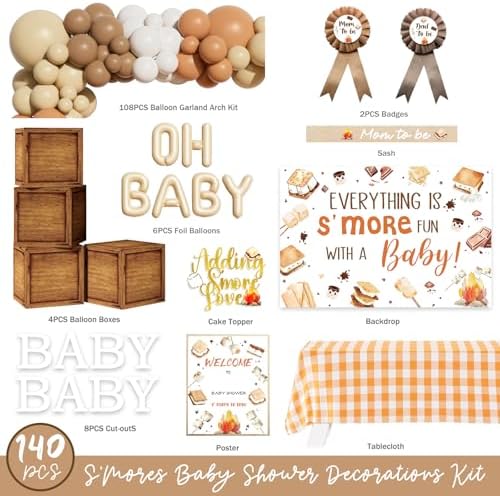 Hombae S’Mores Baby Shower Decorations, 140 Pcs Camping Baby Shower Party Supplies with Backdrop, Balloon Garland, Cake Topper, Sash for Camping Theme Party Decorations - Image 2