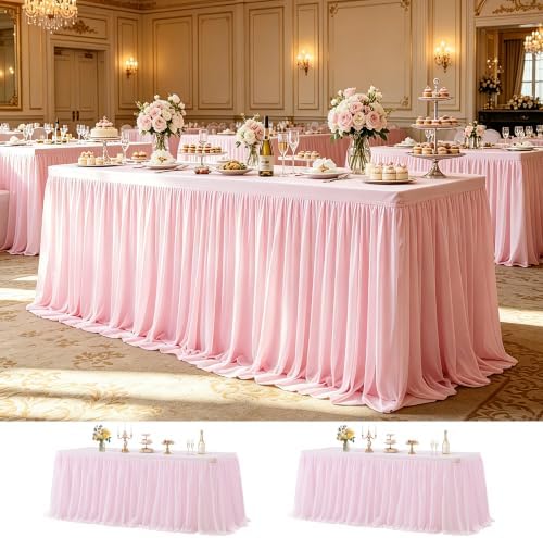 Wish Care 2 Pack Pink Tulle Table Cloth for Rectangle Tables 6FT Ruffle Tutu Stretch Fitted Tablecloths Wrinkle Free Tulle Tutu Skirt Table Cover for Party Wedding Girls Birthday Baby Bridal Shower by WishCare