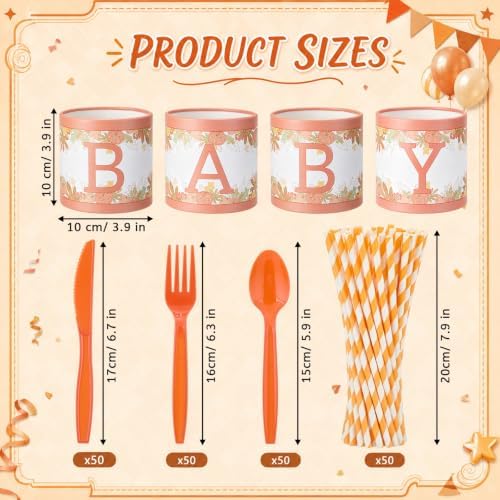 Domensi 204 Pcs Baby Shower Disposable Cutlery Set Utensil Holders, Orange - Image 2