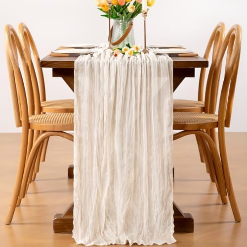 Ivory White Cheesecloth Table Runner Boho Wrinkled Gauze Table Runners - Image 4