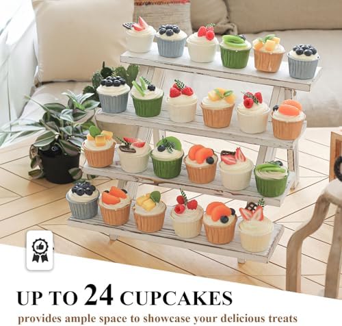 SwallowLiving 2pcs Wooden Rustic Cupcake Stand for 24 Cupcakes, Stepped Wood Display Stand for Weddings, Tiered Party Table Display Riser for Food , Dessert, Cookie, Decor, Craft Show, White - Image 2