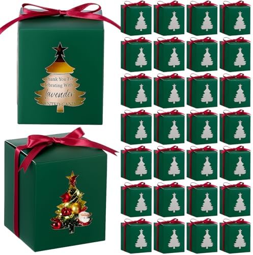 ReliThick 50 Set Candle Gift Box Transparent Gift Packaging for 4-10 oz Candles 50 Paper Thank You Tag for Wedding Birthday Baby Shower Party Favor, 3.35x3.35x3.94 in(Green,Christmas Tree) by ReliThick