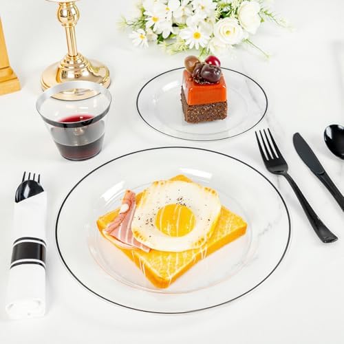 SUT 350 Pcs Black and Clear Plastic Dinnerware Set for 50 Guests, Include: 50 Dinner Plates, 50 Dessert Plates, 50 Pre Rolled Napkins With Silverware, 50 Cups, Disposable Plates for Party - Image 6