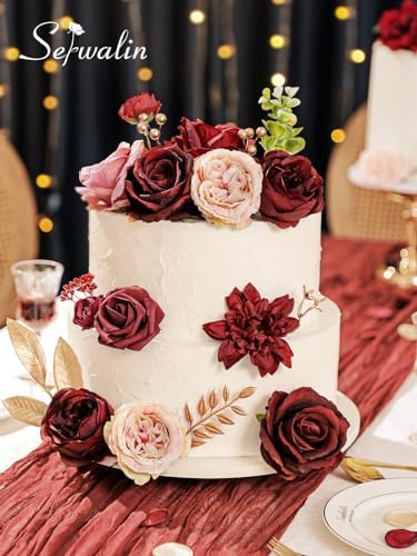 Serwalin Burgundy Pink Artificial Flowers, Fake Silk Flowers for Wedding - Image 4