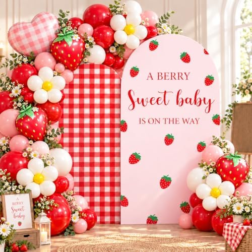 FYSUIMU 2 Pcs Strawberry Arch Backdrop Covers Pink Red Plaid Berry Stretchy Spandex Arch Stand Fabric Cover for Wedding Birthday Baby Shower Gender Reveal Party Decor (5ft/6ft) by FYSUIMU