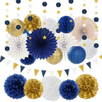 Navy-Blue White Gold Graduation Party-Decorations Fan kit + Paper Garlands Kit - Image 3